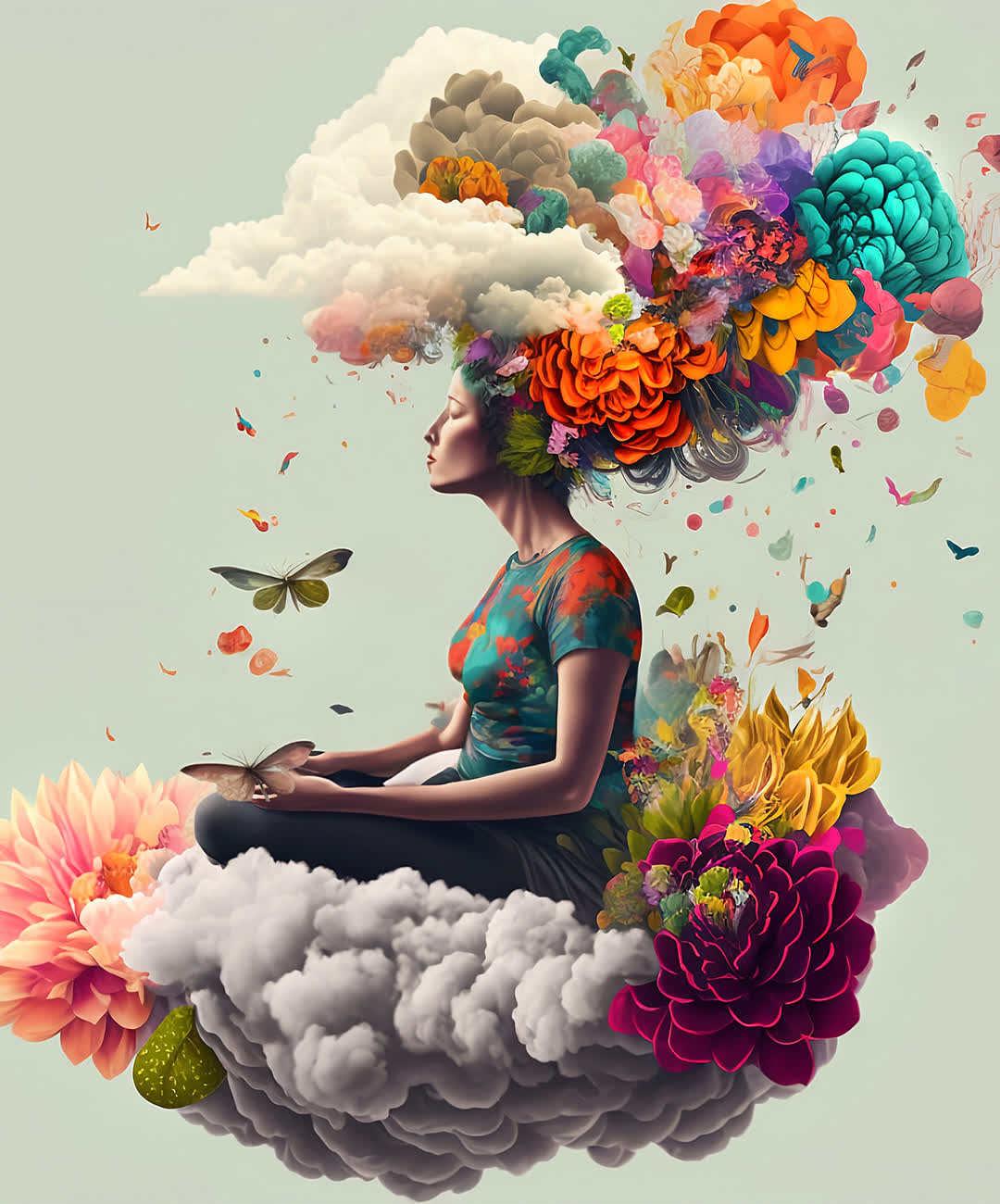 Illustration : une figure assise en méditation, entourée de fleurs
